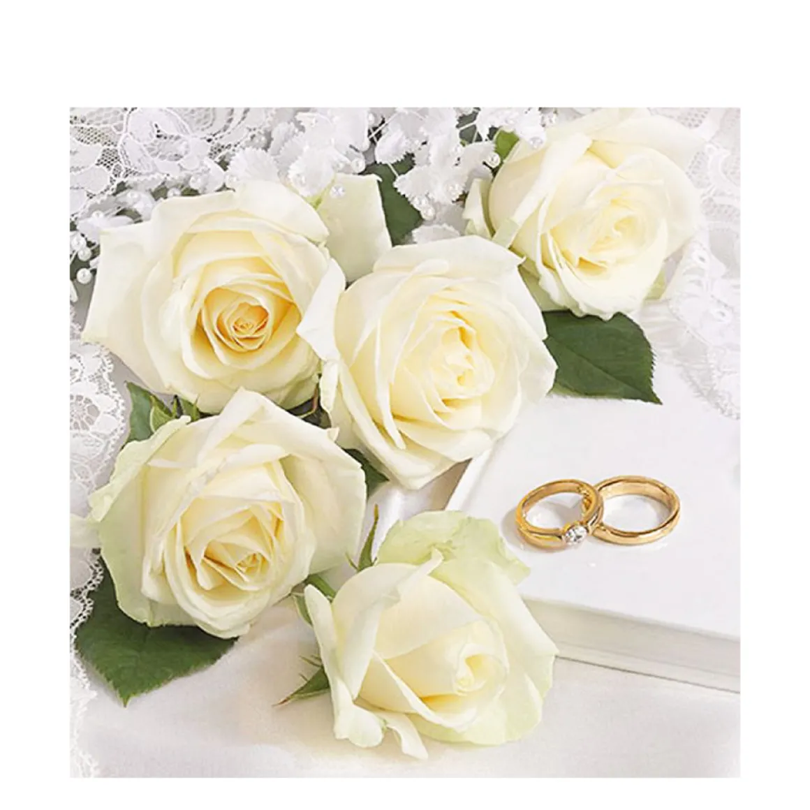 Ambiente Papierservietten Hochzeit, Weiße Rosen und Trauringe, 33x33cm