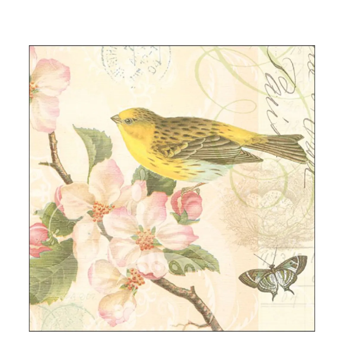 Ambiente Papierservietten Vogel, Schmetterling und Blumen Nostalgie, 33x33cm