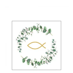 Ambiente Papierservietten Kommunion, Eucalyptuskranz mit Fisch weiß, 25x25cm