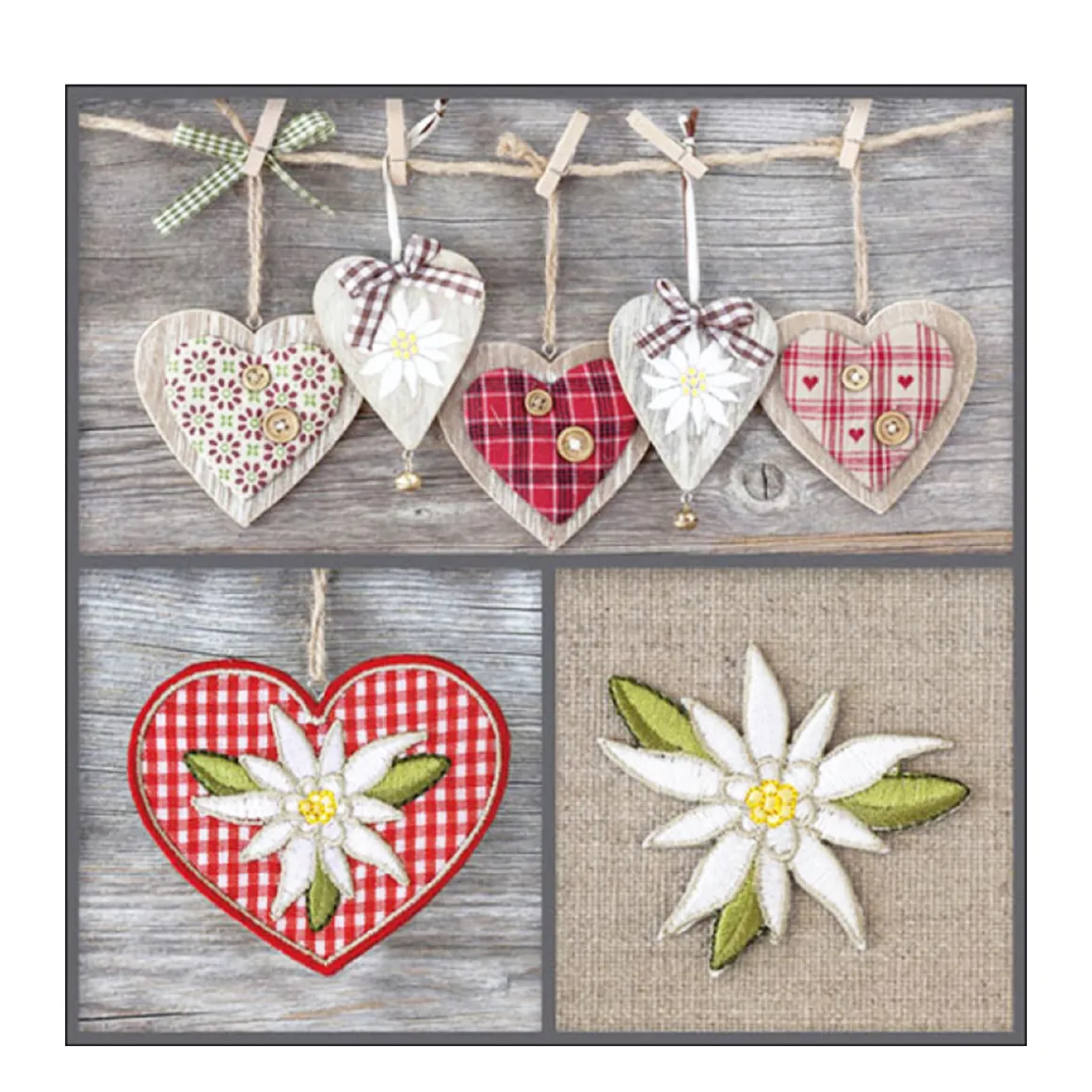 Ambiente Papierservietten Landhaus Edelweiß und Herzen, 33x33cm