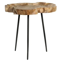 Beistelltisch Teak unfinish, unregelmäßige rustikale Teakholzscheibe auf 3 Beinen, WMG Grünberger