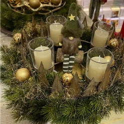 Deko Adventskranz antik gold, runder Teelichthalter mit Tannenbäume, Ø26cm