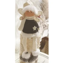 Deko Engel mit Strickkleid, Winterpüppchen gestrickt, Schlackerbeine, grau-weiß, 18cm, Kantenhocker