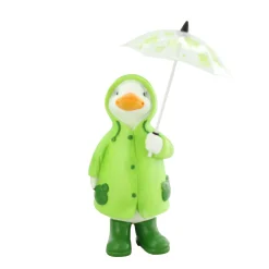 Deko Ente mit Schirm, Polyente im grünen Regenmantel und Gummistiefel, 15cm