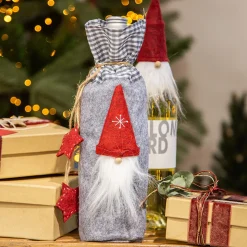 Deko Flaschentasche Wichtel Weihnachtszwerg, Filztasche mit Wichtel und Sterne, grau, 30x8cm, Halbach