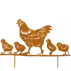 Deko Gartenstecker Henne, Henne mit Kücken, 20cm, Rost