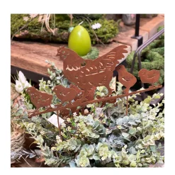 Deko Gartenstecker Henne, Henne mit Kücken, 20cm, Rost