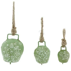 Deko Glocke grün mit Klang, Kuhglocke mit Blumenmuster grün-weiß, 9cm