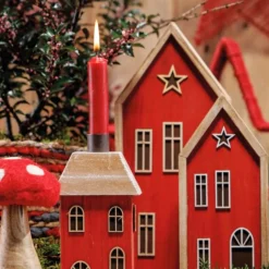 Deko Haus, Weihnachtshaus, Holzhaus mit Stern, rot-natur, 13x31cm, Aufsteller