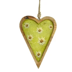 Deko Herz Landhaus, Holzherz hellgrün mit Edelweiß, Emailleoptik, 14x19cm, Hänger