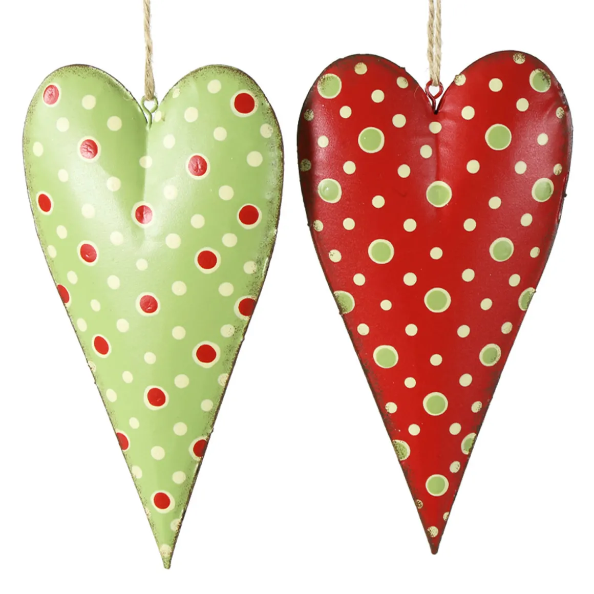 Deko Herz, Metallherz mit Punkte, rot und grün, 19cm, Hänger, Set/2