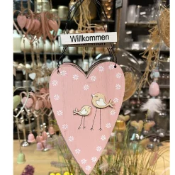 Deko Herz Willkommen, Holzherz  rosa mit Vögel und Blumen, 27x11cm, Hänger