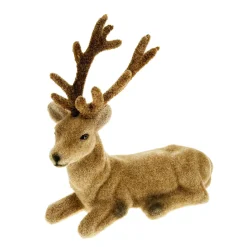 Deko Hirsch, Hirsch samtlook, braun beflockt, liegend, 14cm