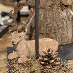 Deko Hirsch, Hirsch samtlook, braun beflockt, liegend, 14cm