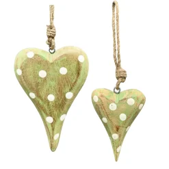 Deko Holzherz grün used look, Herz gepunktet, hellgrün-weiß, 7x9cm, Holzhänger