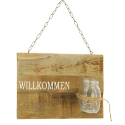 Deko Holzschild Willkommen, Türschild aus Holz mit Blumenvase, 38x28cm, Hänger, DIJK Natural Collect