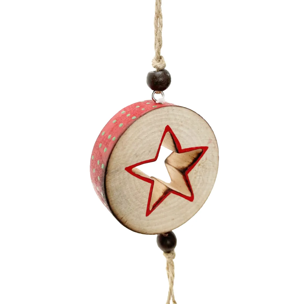 Deko Holzstern natur, Holzscheibe mit Stern und Glöckchen, grüne Punkte, used look, Ø6cm, Hänger