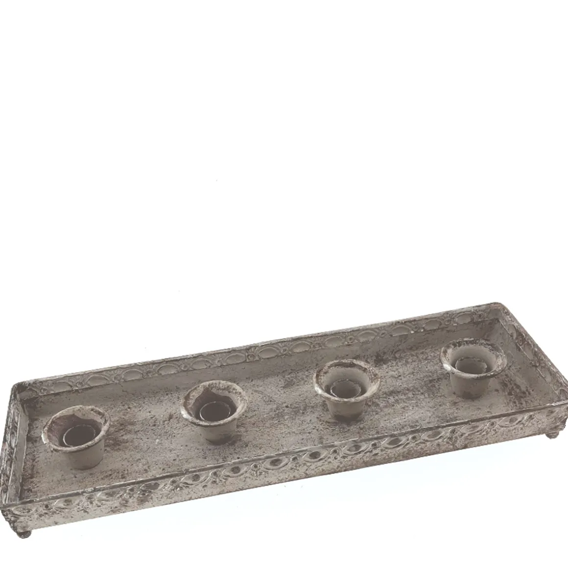 Deko Kerzentablett Antik grau, geeignet für 4 Stabkerzen, grau used look, 41x13cm, Metall