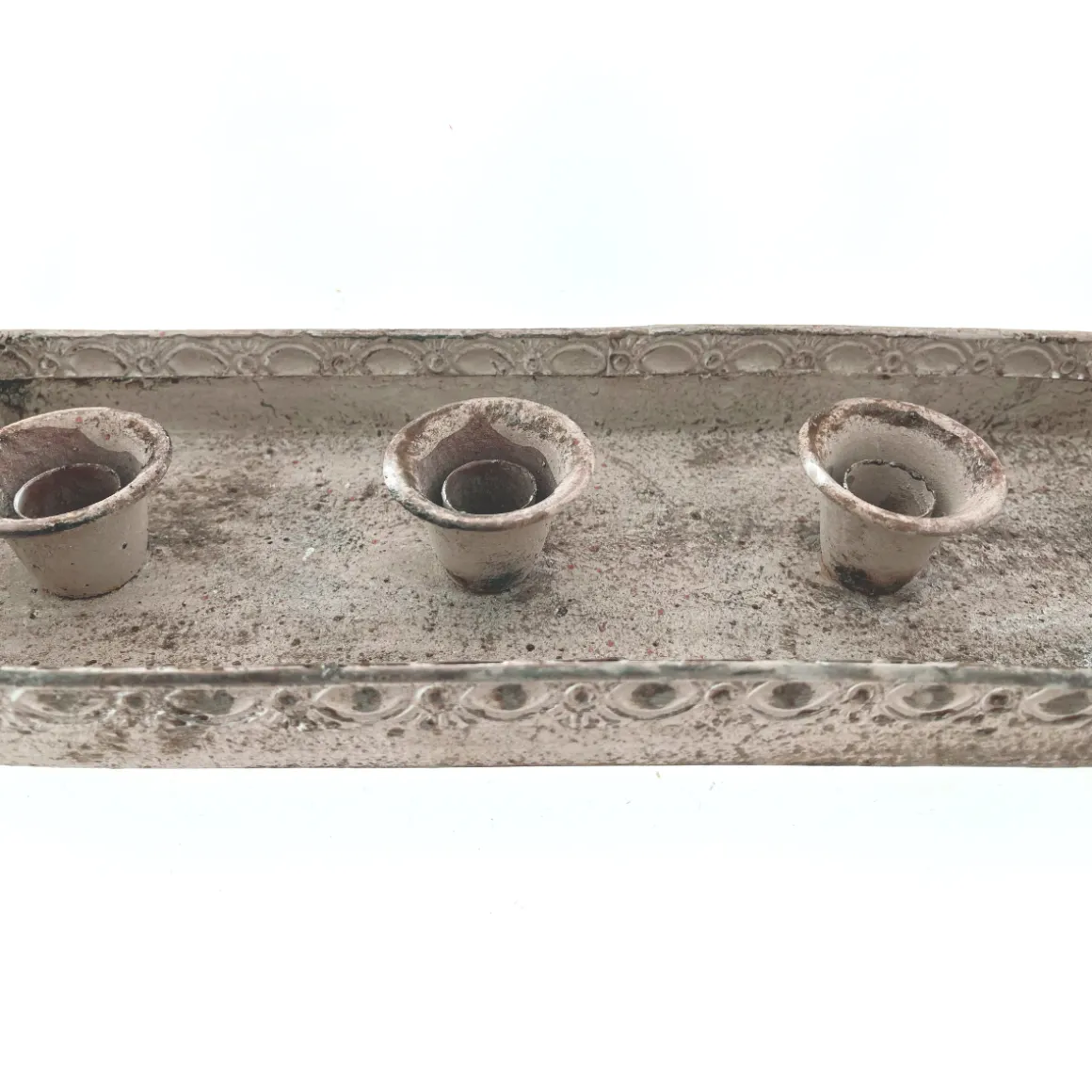 Deko Kerzentablett Antik grau, geeignet für 4 Stabkerzen, grau used look, 41x13cm, Metall