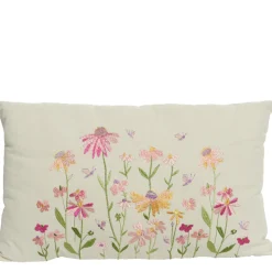 Deko Kissen Blumen bestickt, Baumwollkissen mit Wiesenblumen, 30x50cm