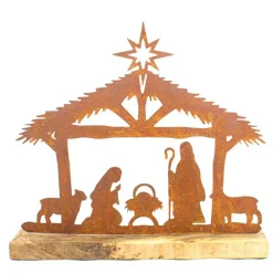 Deko Krippe Heilige Familie, Rostkrippe auf Holzsockel, 30x28cm, Aufsteller