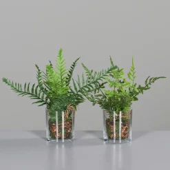 Deko Kunstpflanze Farn, Farn mit Erdballen im Glas, Farn wie echt