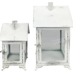 Deko Laterne Haus weiß used look, Metallwindlicht Haus Shabby Chic, 18x35cm