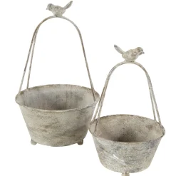 Deko Pflanztopf mit Bügel und Vogel, used look, antikgrau, 34cm, Metall