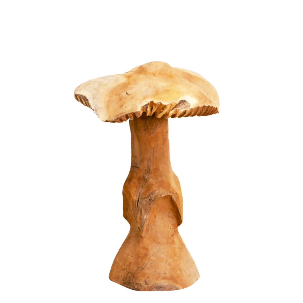 Deko Pilz Teak, großer rustikaler Holzpilz mit gewellter Kappe, 55cm