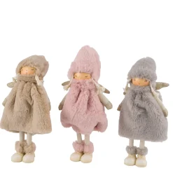 Deko Plüschengel, schicker Winterengel mit Plüschmantel beige, rosa oder grau, 37cm
