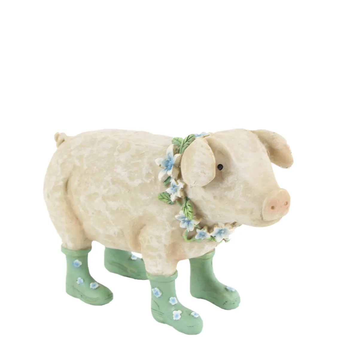 Deko Schwein, Schweinchen mit Stiefel und Blumenkranz, 15x11cm, Polyresin