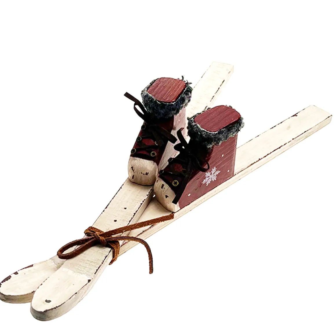 Deko Ski Nostalgie, Holzski mit Skischuhe, rot-weiß used look, 34cm