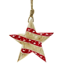 Deko Stern, Holzstern mit Sterne used look, weiß-rot gestreift, 15cm, Hänger