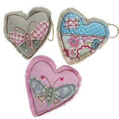 Deko Stoff-Herz, mit Schmetterlinge, Blumen, 3fach sortiert, 9x9cm, Hänger