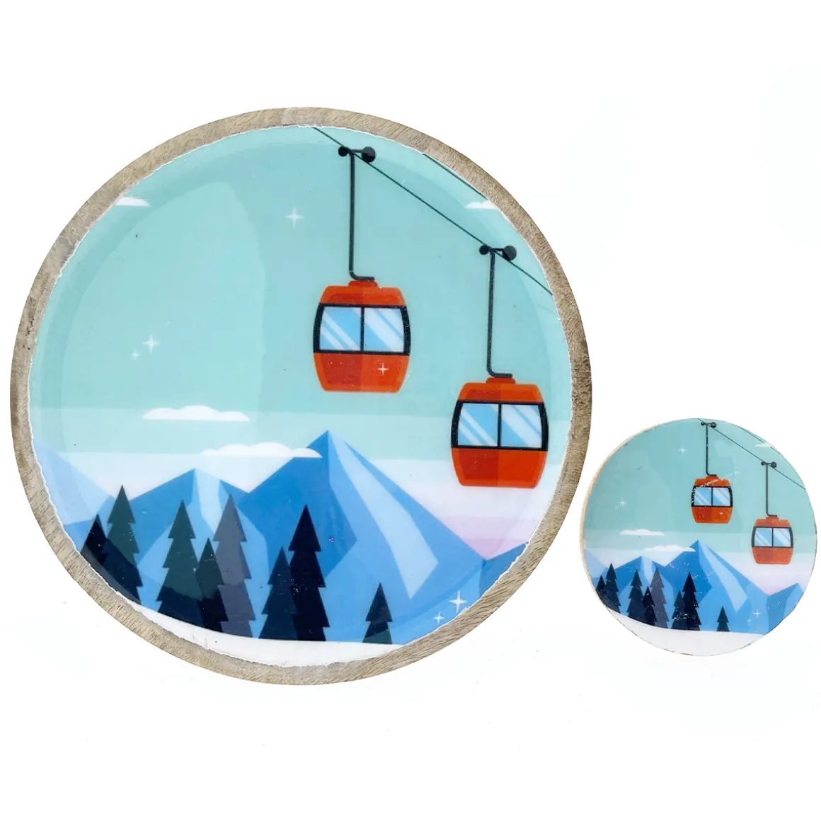Deko Teller Gondel, Holzteller mit Lackküberzug und Bergmotiv mit Seilbahn, Ø22cm
