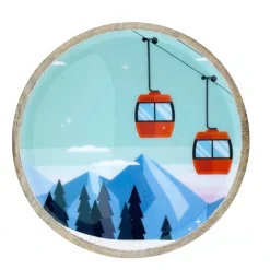 Deko Teller Gondel, Holzteller mit Lackküberzug und Bergmotiv mit Seilbahn, Ø30cm