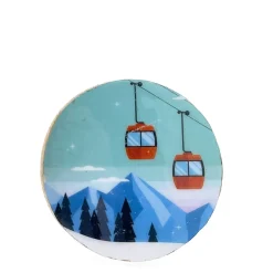 Deko Untersetzer Gondel, Holzuntersetzer mit Lackküberzug und Bergmotiv mit Seilbahn, Ø10cm. 4St/Pck