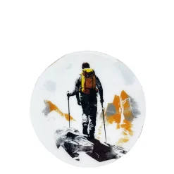 Deko Untersetzer Tourengeher, Holzuntersetzer mit Lackküberzug und Bergmotiv mit Bergwanderer, Ø10cm. 4St/Pck