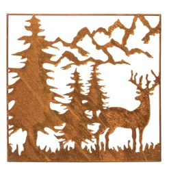 Deko Wandbild Hirsch, Baum und Berge, 44x44cm, Rostbild