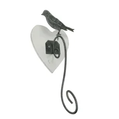Deko Wandhaken, Herz mit Vogel, grau-weiß- used look, 21x11cm, Metall-Holz