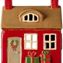 Deko Weihnachtshaus, Keramikhaus mit Türkranz und Geschenke, Windlichthaus rot, Ib Laursen
