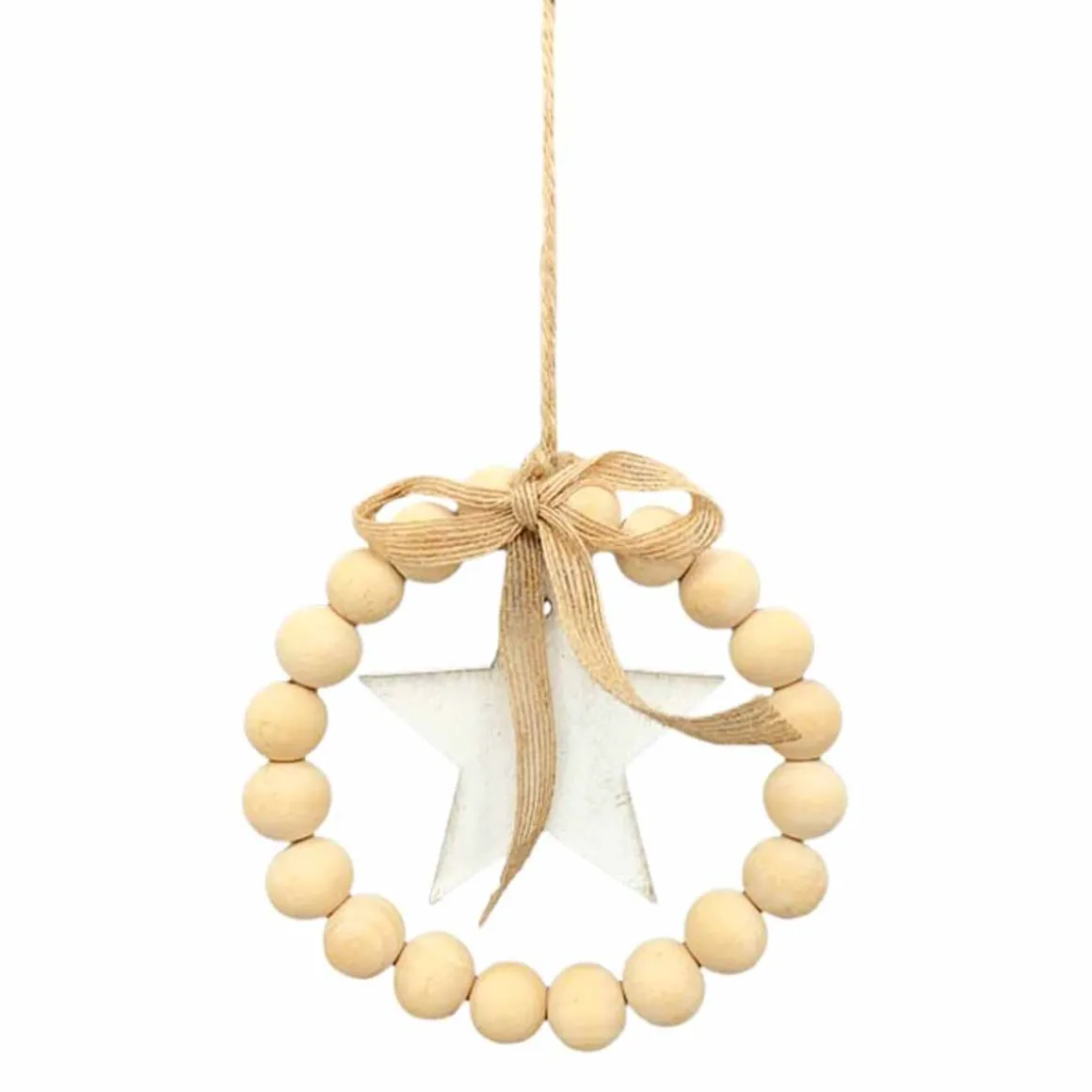 Deko Weihnachtshänger Holzperlen, Perlenkranz mit Stern, Ø10cm