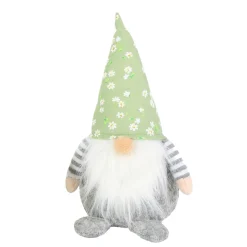 Deko Wichtel, Gartenwichtel mit Blumenhut grün und Ringelshirt, 24cm