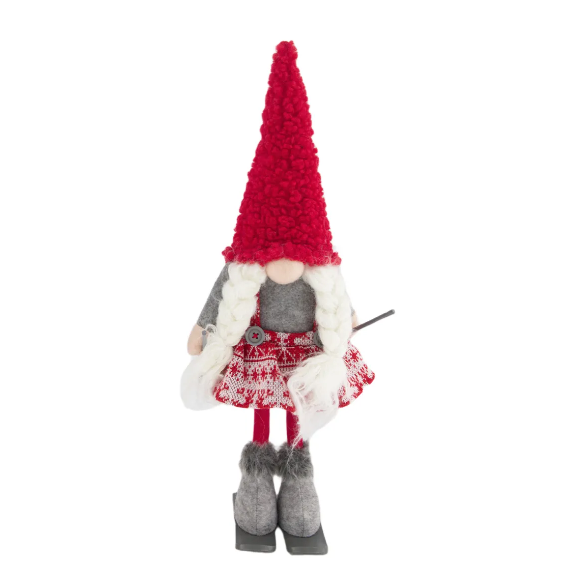 Deko Wichtel Skifahrer, roter Wichtel mit Ski und Plüschmütze, 45cm, Baumwolle/Plüsch