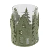 Deko Windlicht Filzhaus grün, Glaswindlicht mit Häuser und Tannenbäume aus Filz, 13cm