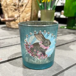 Deko Windlicht Ostern, Hase mit Blumenkranz, blau, 7x8cm, Glas