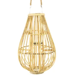 Deko Windlicht Rattan natur, Korbwindlicht Boho mit Henkel, 50cm