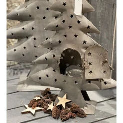 Deko Windlicht Tannenbaum mit Stern und Türchen, antik silber, 50cm, Metall