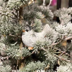 Deko Wintervogel beschneit, Vogel mit Ohrschützer und Glimmer, 9x8cm, Keramik