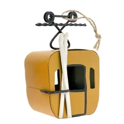 Deko Gondel gelb mit weißen Ski, Seilbahn, Skigondel aus Metall, 7x5x11cm, Hänger